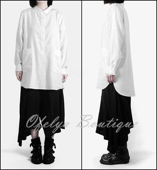 Women Loose Long Shirt / Tunic Shirt Irregular Assimetric Hem - Ofelya Boutique