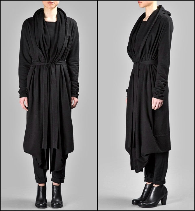 Draped Women's BLACK Long Overlong Oversized Hooded Belted CARDIGAN / Shawl Cardigan - Ofelya Boutique