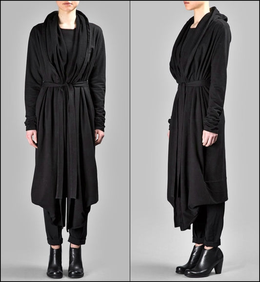 Draped Women's BLACK Long Overlong Oversized Hooded Belted CARDIGAN / Shawl Cardigan - Ofelya Boutique