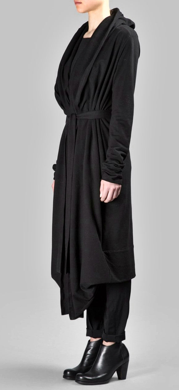 Draped Women's BLACK Long Overlong Oversized Hooded Belted CARDIGAN / Shawl Cardigan - Ofelya Boutique