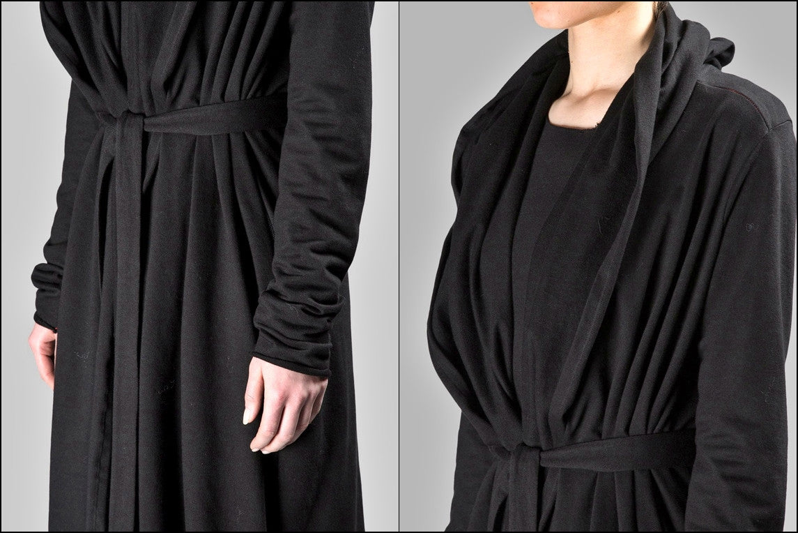 Draped Women's BLACK Long Overlong Oversized Hooded Belted CARDIGAN / Shawl Cardigan - Ofelya Boutique