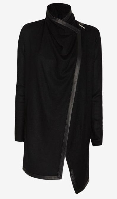 Women's Black Leather Trim Viscose Cotton Shawl Collar Long Sleeve Cardigan Jacket - Ofelya Boutique