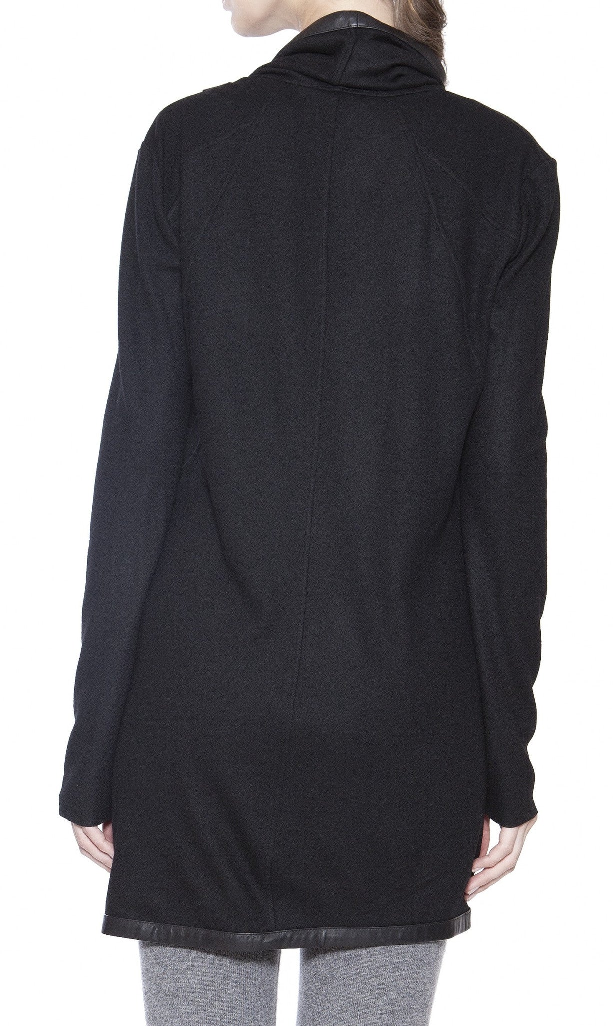 Women's Black Leather Trim Viscose Cotton Shawl Collar Long Sleeve Cardigan Jacket - Ofelya Boutique