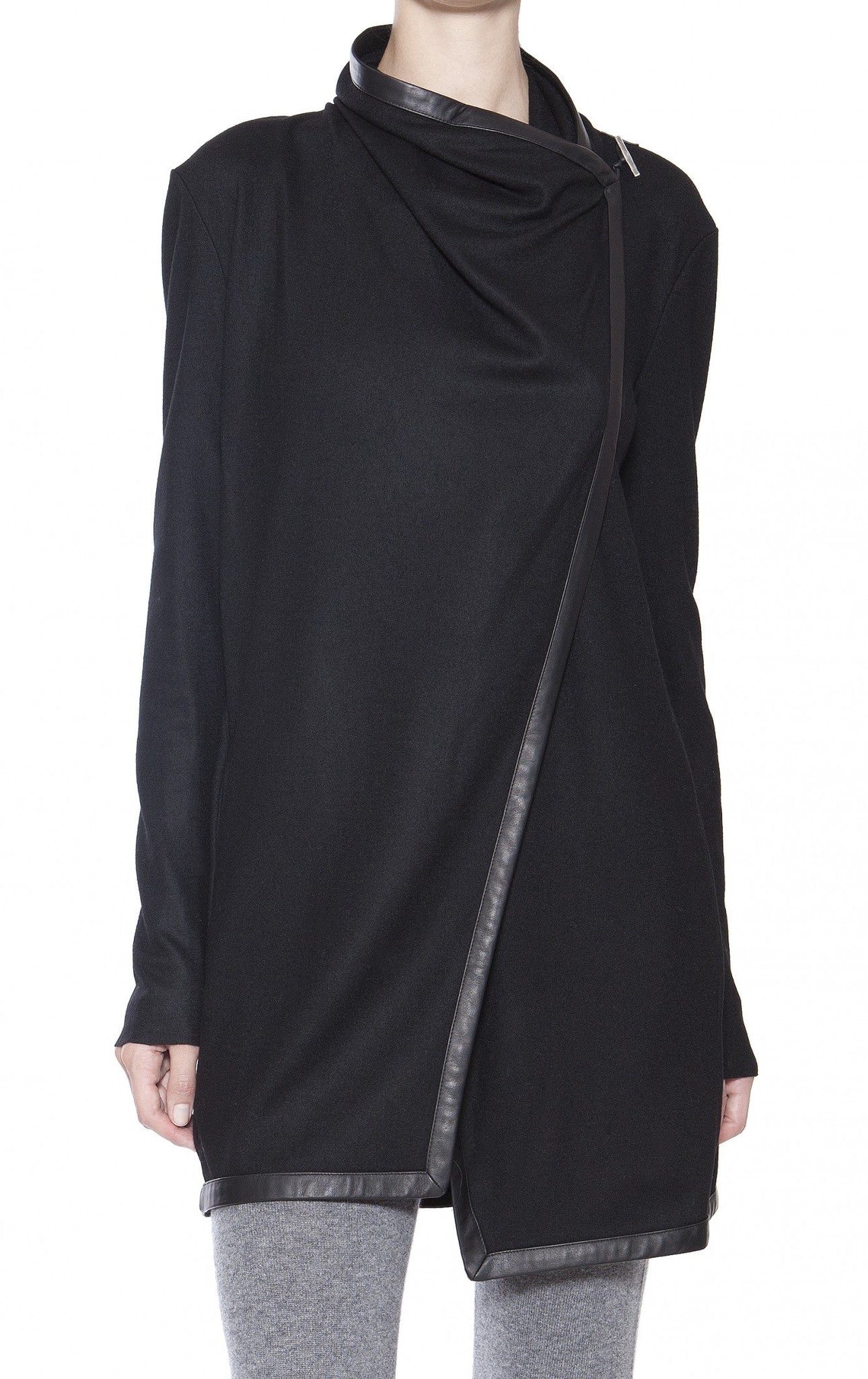Women's Black Leather Trim Viscose Cotton Shawl Collar Long Sleeve Cardigan Jacket - Ofelya Boutique