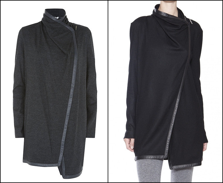 Women's Black Leather Trim Viscose Cotton Shawl Collar Long Sleeve Cardigan Jacket - Ofelya Boutique