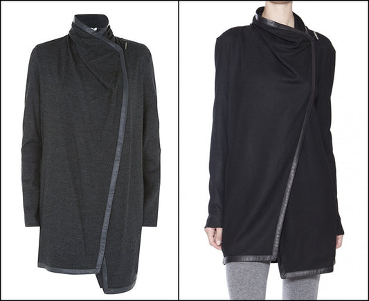 Women's Black Leather Trim Viscose Cotton Shawl Collar Long Sleeve Cardigan Jacket - Ofelya Boutique