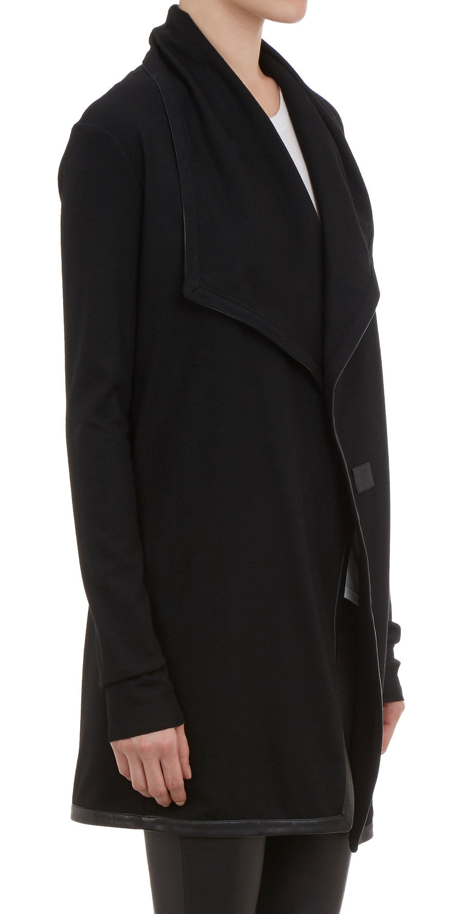 Women's Black Leather Trim Viscose Cotton Shawl Collar Long Sleeve Cardigan Jacket - Ofelya Boutique
