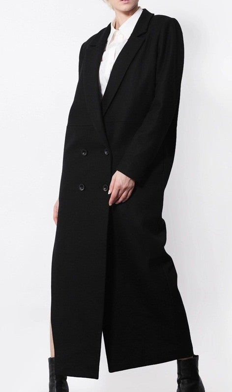 Avant Garde Dark Black Asymmetric Side Big Slit Overlong Wool Jacket Coat - Ofelya Boutique