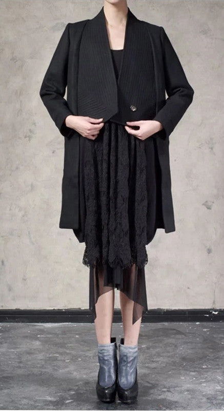 Winter Back Long Quilted Collar Red -Black Woolen Coat Jacket// Short in Front Long Back Loose - Ofelya Boutique
