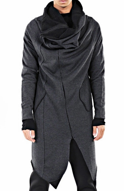 Drape Front Long Zip Up Jersey mix Pocket Dark Hooded Cape Sweatshirt - Ofelya Boutique