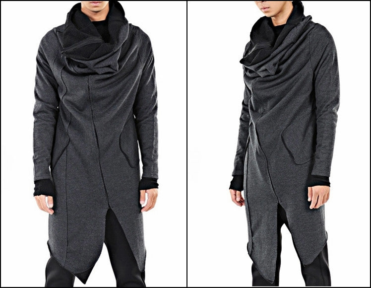 Drape Front Long Zip Up Jersey mix Pocket Dark Hooded Cape Sweatshirt - Ofelya Boutique