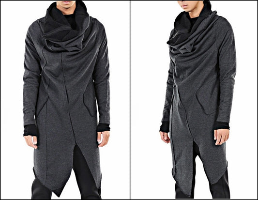 Drape Front Long Zip Up Jersey mix Pocket Dark Hooded Cape Sweatshirt - Ofelya Boutique