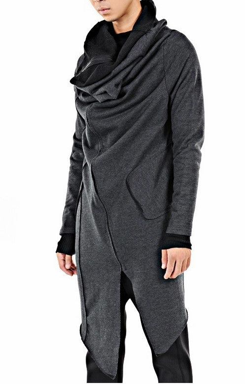Drape Front Long Zip Up Jersey mix Pocket Dark Hooded Cape Sweatshirt - Ofelya Boutique