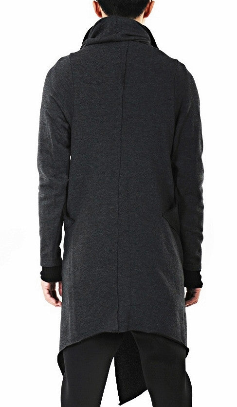 Drape Front Long Zip Up Jersey mix Pocket Dark Hooded Cape Sweatshirt - Ofelya Boutique