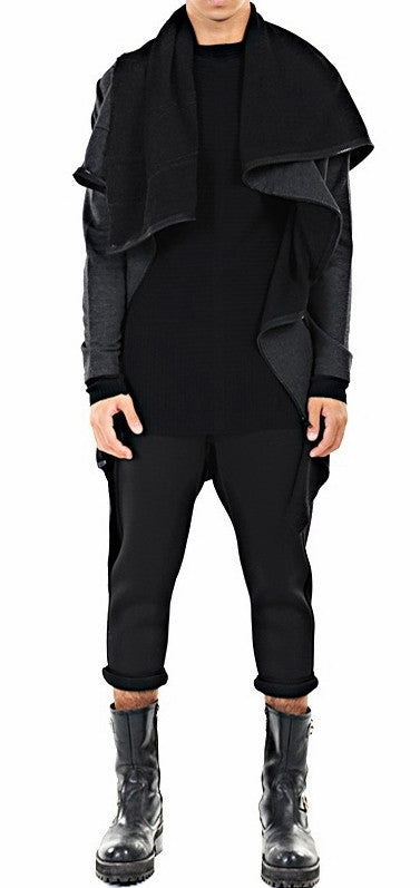 Drape Front Long Zip Up Jersey mix Pocket Dark Hooded Cape Sweatshirt - Ofelya Boutique