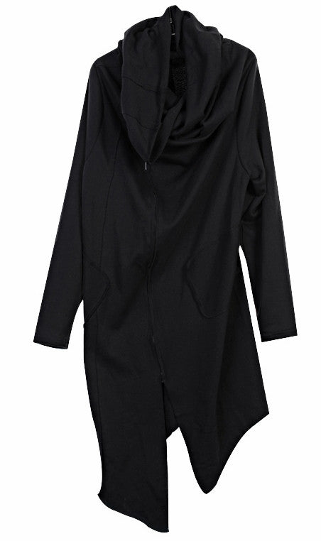 Drape Front Long Zip Up Jersey mix Pocket Dark Hooded Cape Sweatshirt - Ofelya Boutique