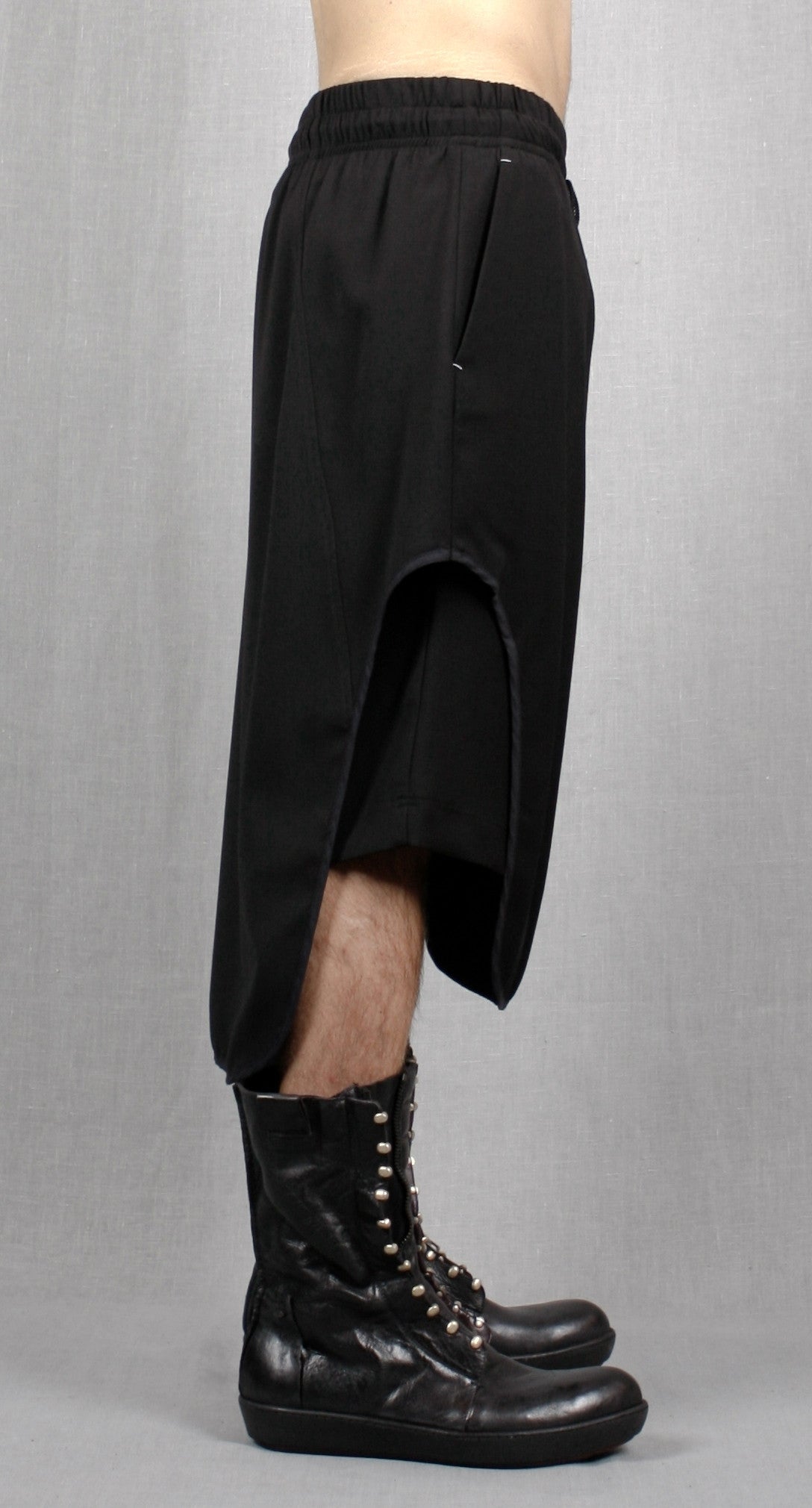 Black Cotton Jersey Short Pants with Leather Trimmed Sides - Ofelya Boutique