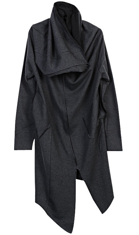 Drape Front Long Zip Up Jersey mix Pocket Dark Hooded Cape Sweatshirt - Ofelya Boutique