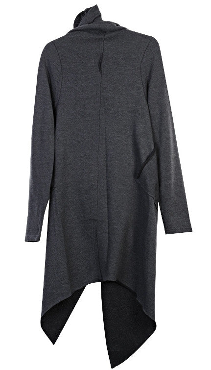 Drape Front Long Zip Up Jersey mix Pocket Dark Hooded Cape Sweatshirt - Ofelya Boutique