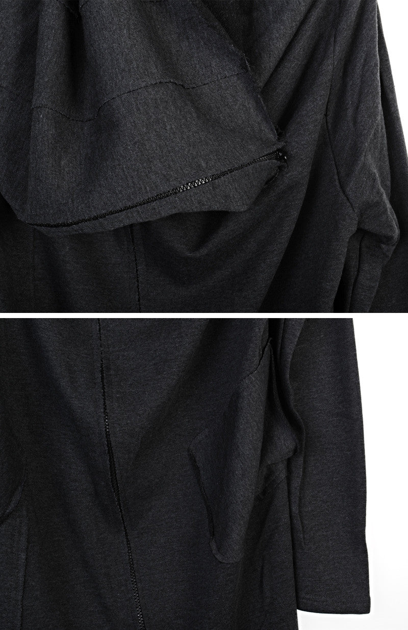 Drape Front Long Zip Up Jersey mix Pocket Dark Hooded Cape Sweatshirt - Ofelya Boutique
