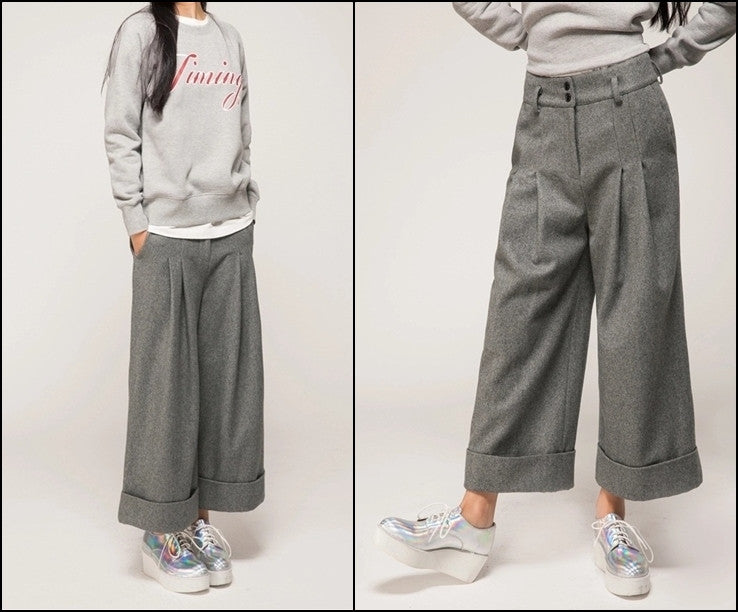 Women's Wide Leg Pants Wool Culottes Woolen Trouser - Ofelya Boutique