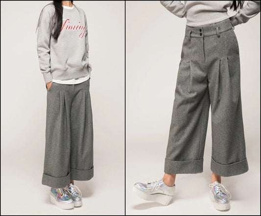 Women's Wide Leg Pants Wool Culottes Woolen Trouser - Ofelya Boutique