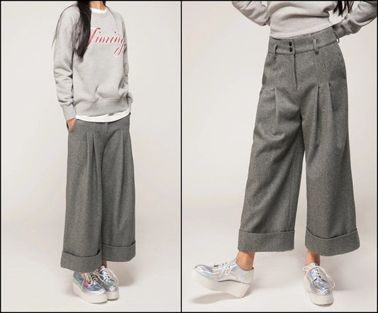 Women's Wide Leg Pants Wool Culottes Woolen Trouser