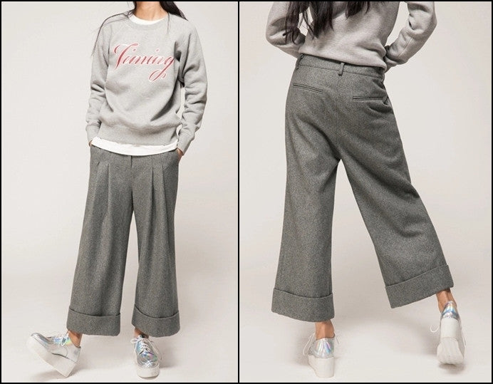 Women's Wide Leg Pants Wool Culottes Woolen Trouser - Ofelya Boutique