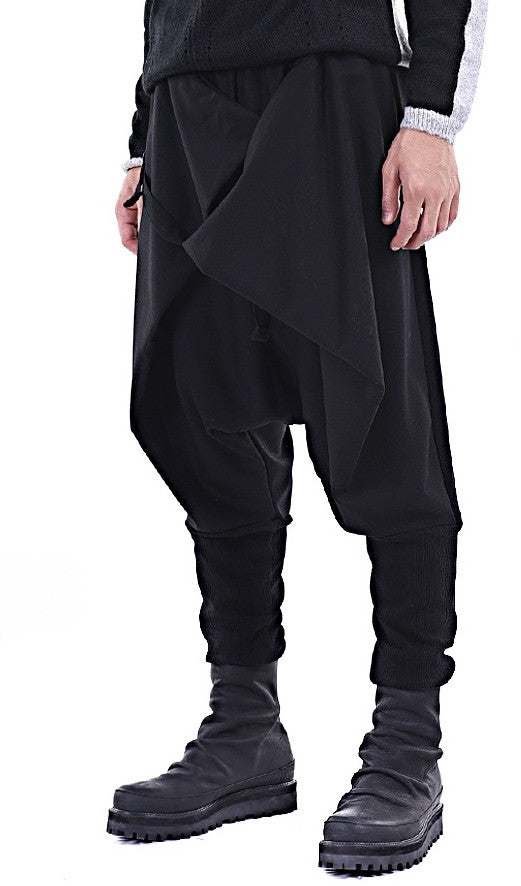 Men Casual Drop Crotch Wrap Harem Ninja Pants // Wrap Skirt Layered Joggers - Ofelya Boutique