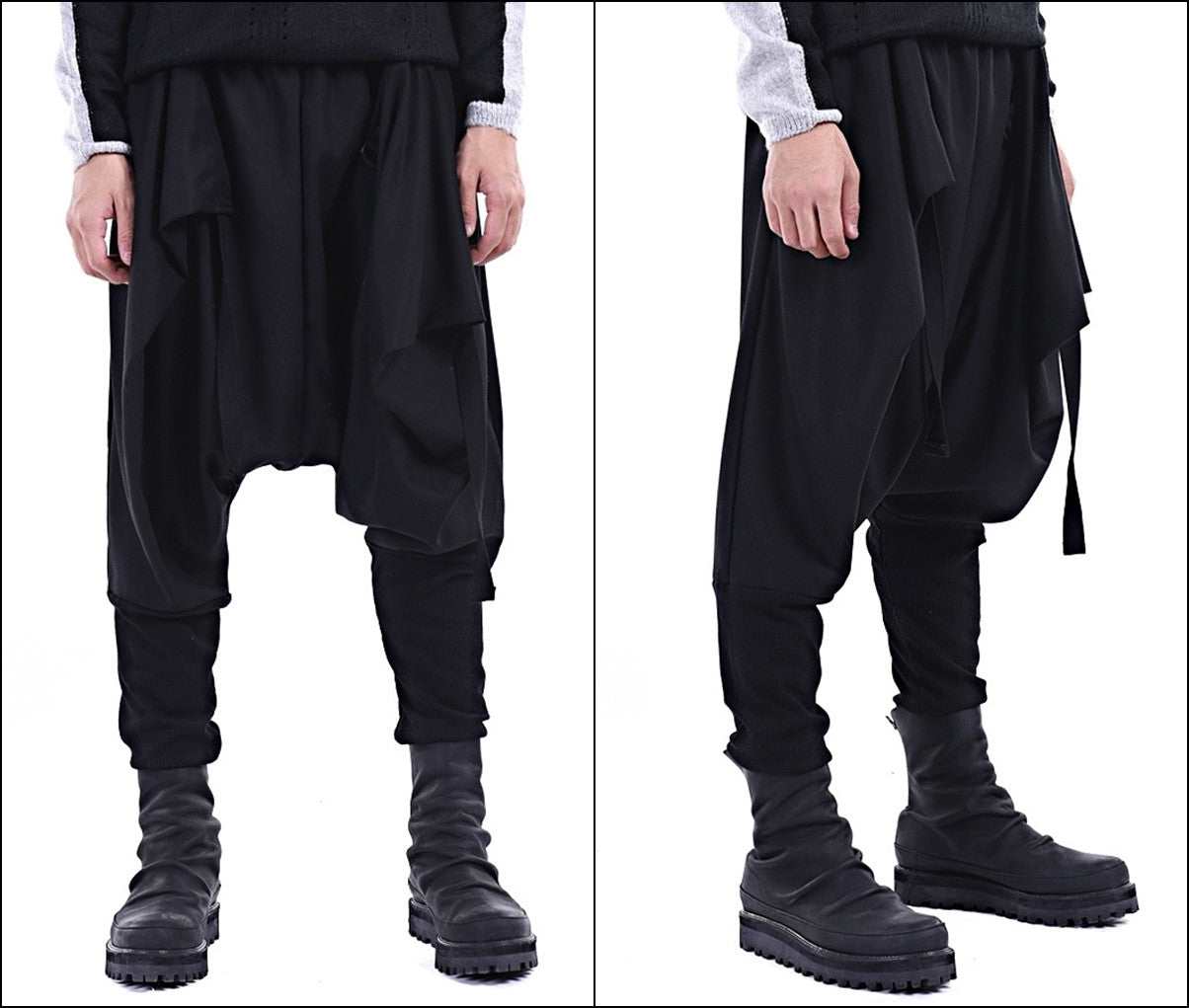 Men Casual Drop Crotch Wrap Harem Ninja Pants // Wrap Skirt Layered Joggers - Ofelya Boutique