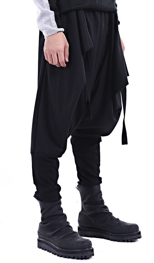 Men Casual Drop Crotch Wrap Harem Ninja Pants // Wrap Skirt Layered Joggers - Ofelya Boutique