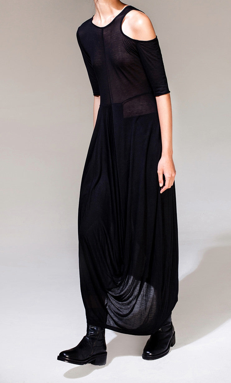 Women Asymmetric Open Shoulder Black Pleats Oversized Draped Skirt Short-Sleeved Maxi Dress Futuristic - Ofelya Boutique
