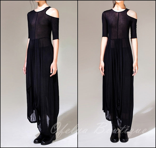 Women Asymmetric Open Shoulder Black Pleats Oversized Draped Skirt Short-Sleeved Maxi Dress Futuristic - Ofelya Boutique