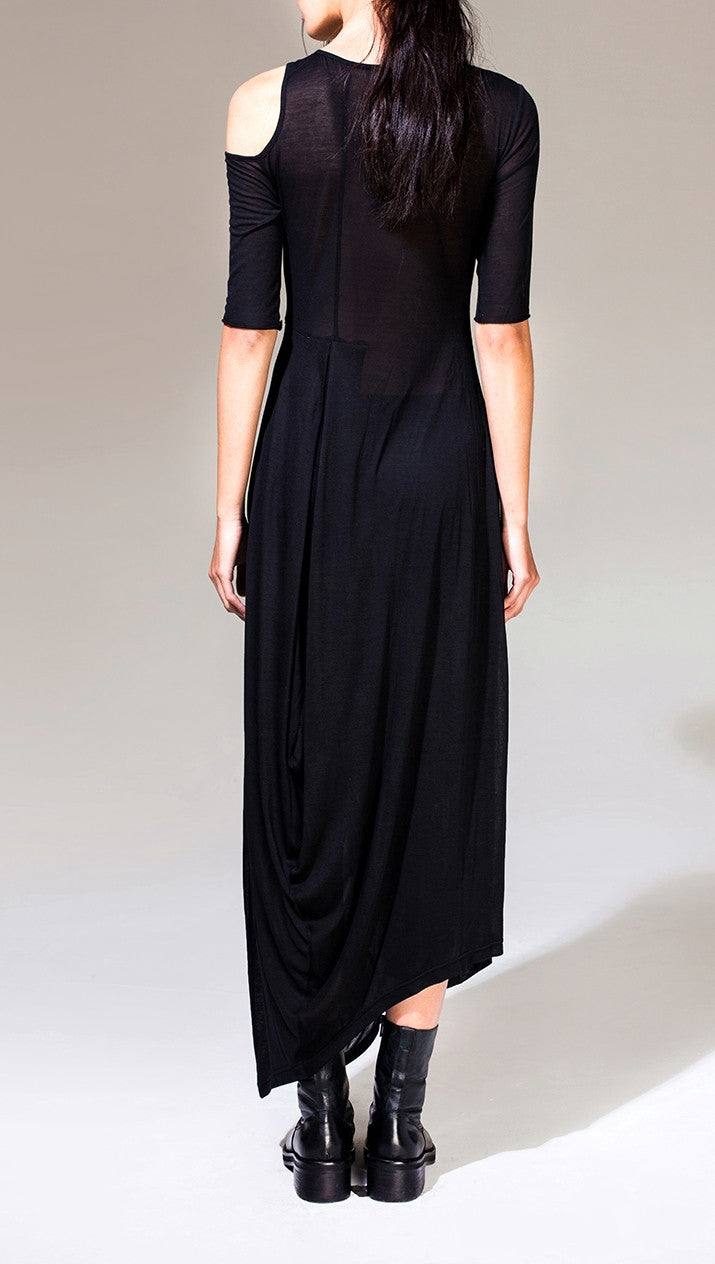 Women Asymmetric Open Shoulder Black Pleats Oversized Draped Skirt Short-Sleeved Maxi Dress Futuristic - Ofelya Boutique