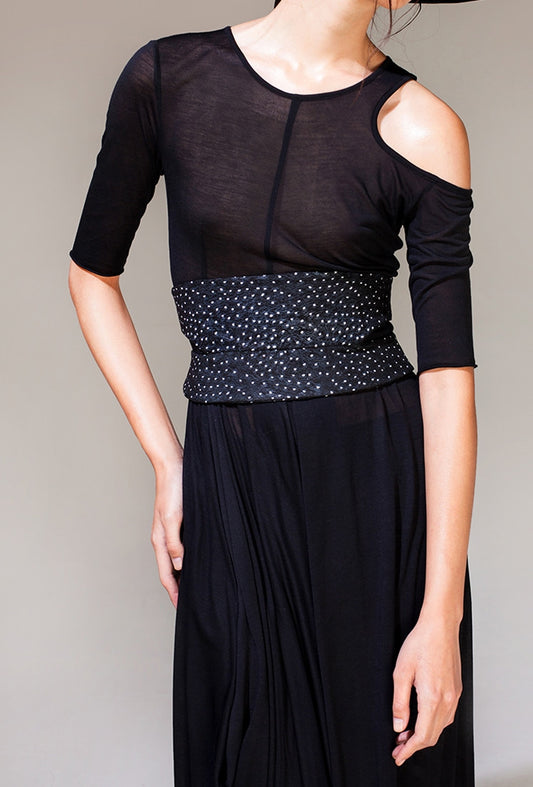 Women Asymmetric Open Shoulder Black Pleats Oversized Draped Skirt Short-Sleeved Maxi Dress Futuristic - Ofelya Boutique