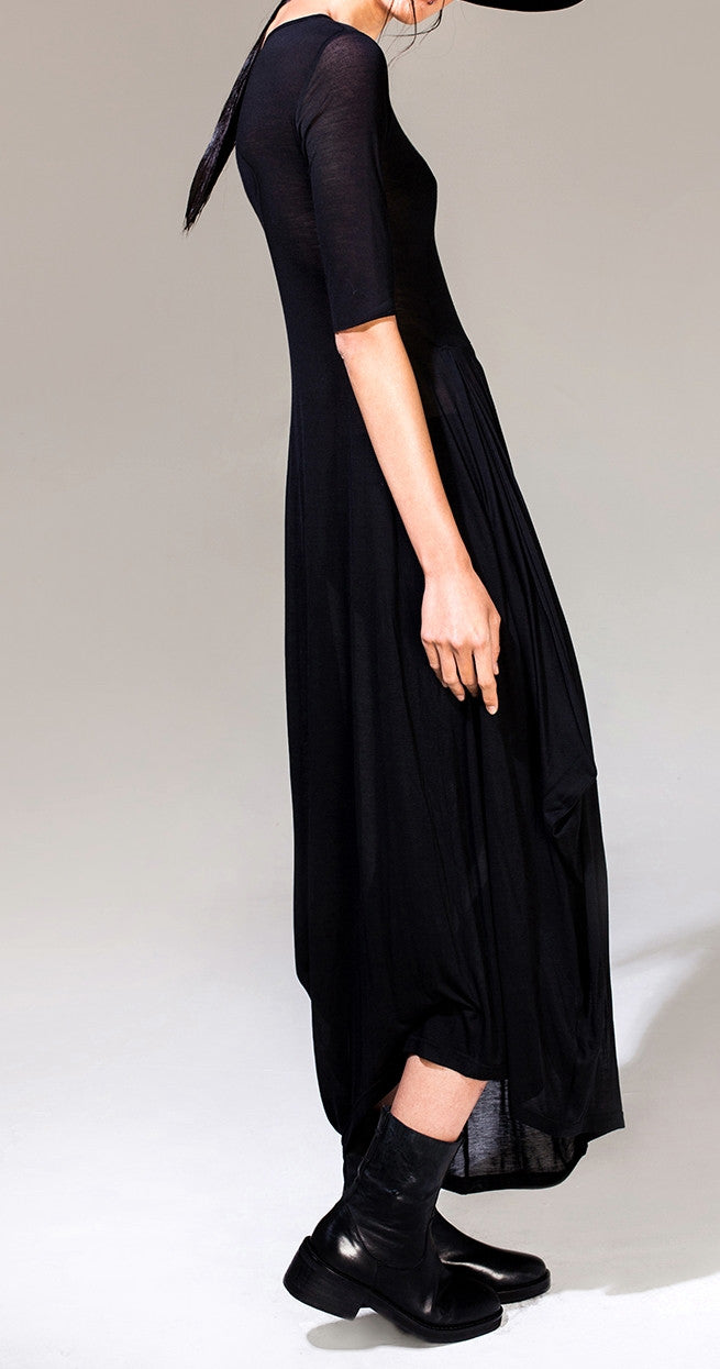 Women Asymmetric Open Shoulder Black Pleats Oversized Draped Skirt Short-Sleeved Maxi Dress Futuristic - Ofelya Boutique