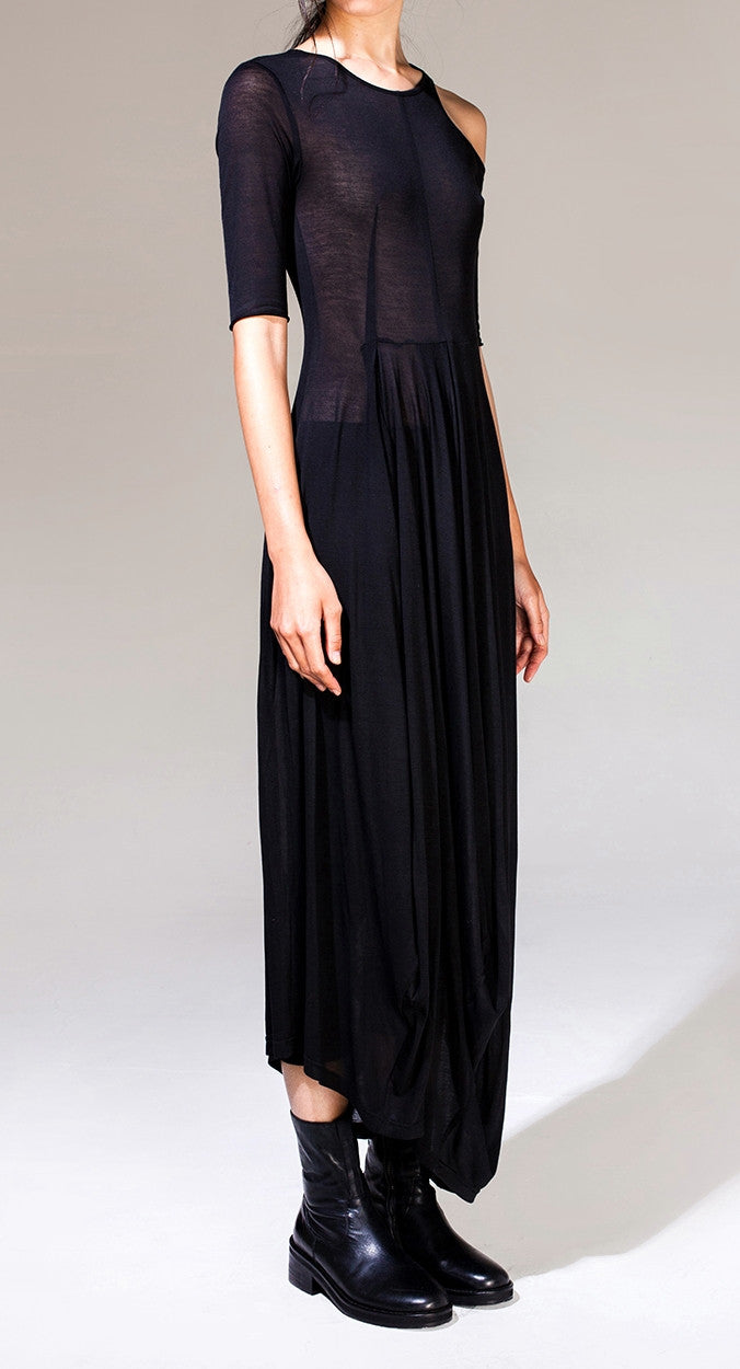 Women Asymmetric Open Shoulder Black Pleats Oversized Draped Skirt Short-Sleeved Maxi Dress Futuristic - Ofelya Boutique
