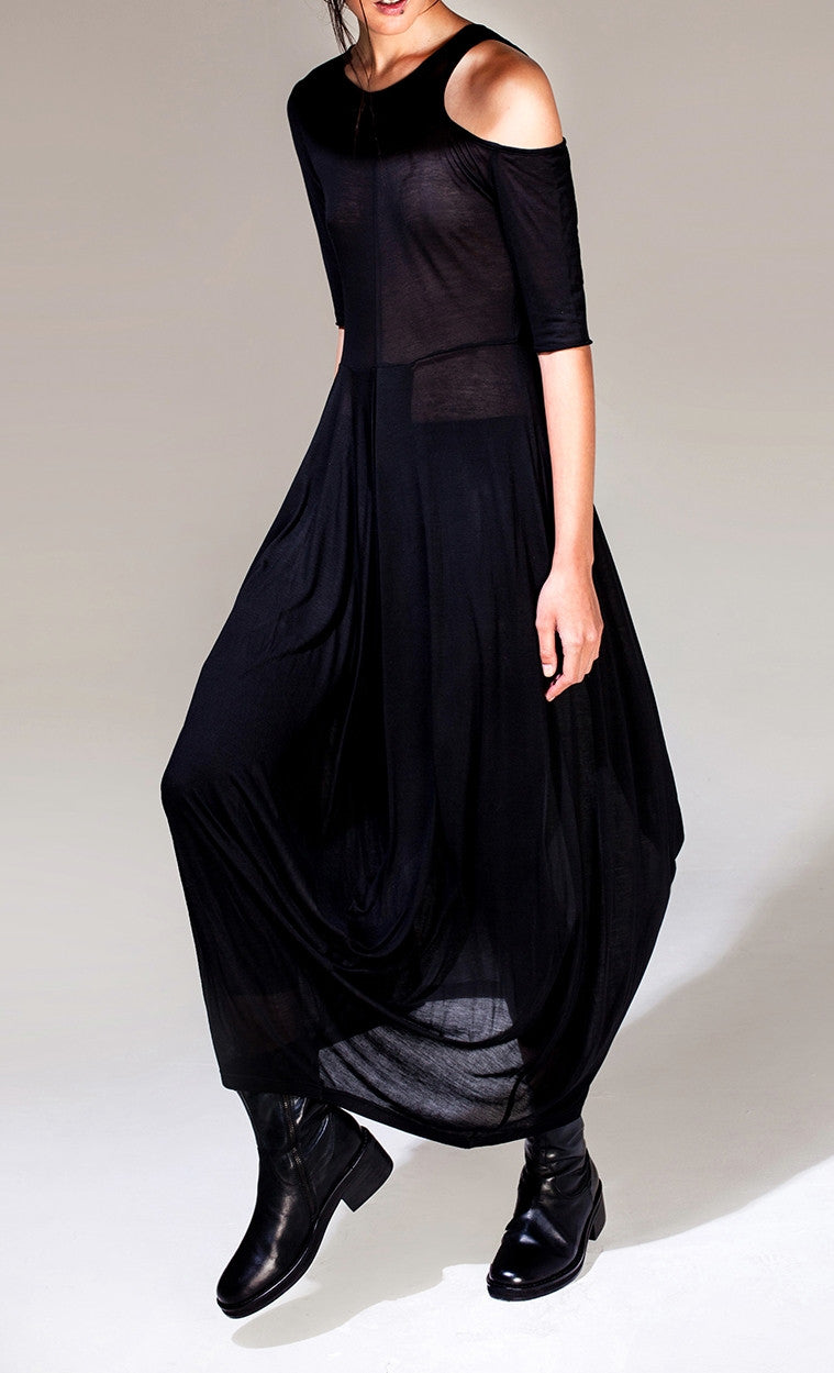 Women Asymmetric Open Shoulder Black Pleats Oversized Draped Skirt Short-Sleeved Maxi Dress Futuristic - Ofelya Boutique