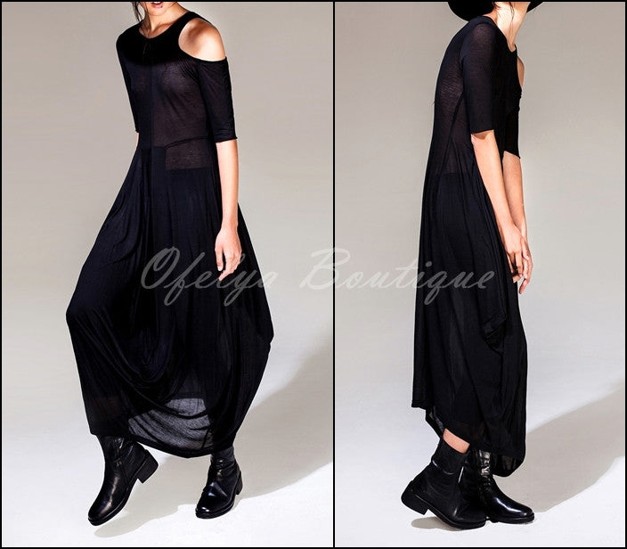 Women Asymmetric Open Shoulder Black Pleats Oversized Draped Skirt Short-Sleeved Maxi Dress Futuristic - Ofelya Boutique