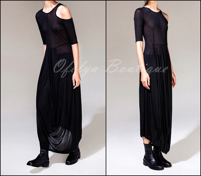 Women Asymmetric Open Shoulder Black Pleats Oversized Draped Skirt Short-Sleeved Maxi Dress Futuristic - Ofelya Boutique