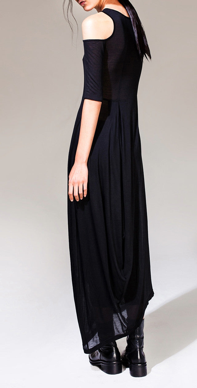 Women Asymmetric Open Shoulder Black Pleats Oversized Draped Skirt Short-Sleeved Maxi Dress Futuristic - Ofelya Boutique
