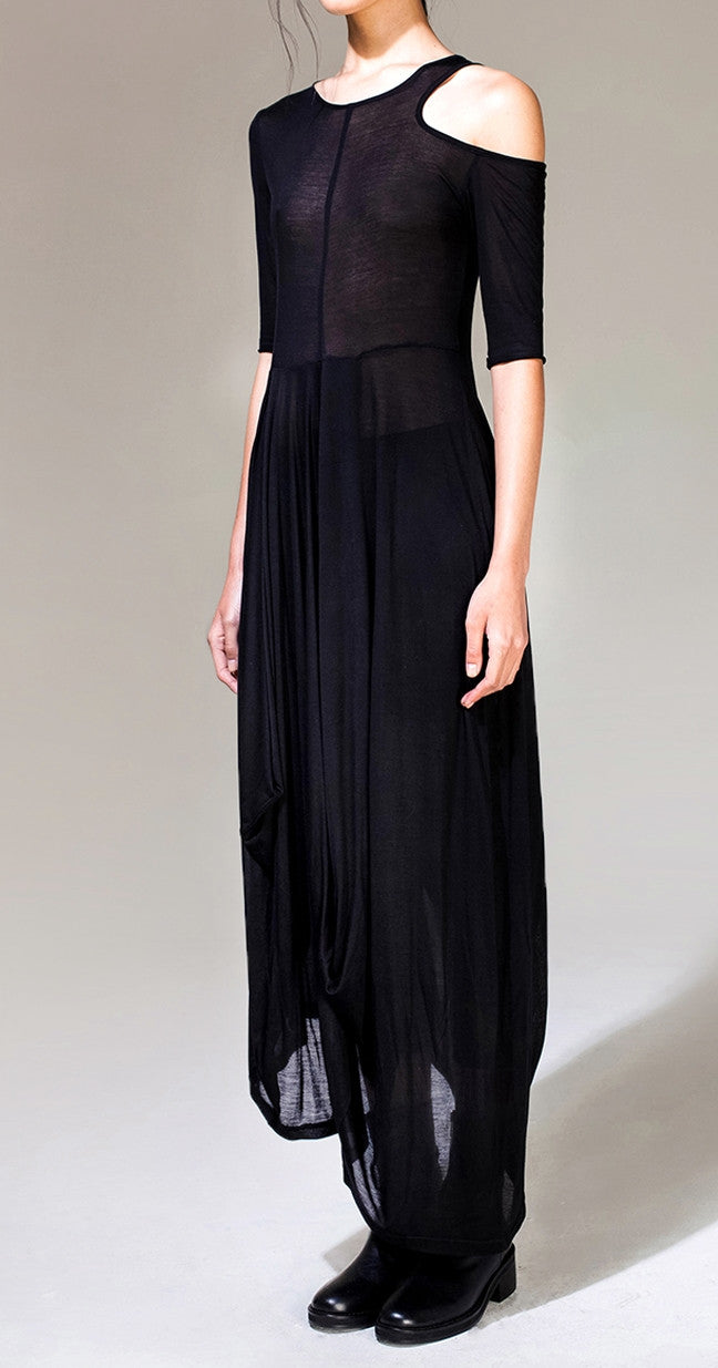 Women Asymmetric Open Shoulder Black Pleats Oversized Draped Skirt Short-Sleeved Maxi Dress Futuristic - Ofelya Boutique
