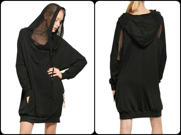 Women Hooded Mesh Long Sweatshirt / Adjustable Drawstring Hood / Oversized Hood - Ofelya Boutique