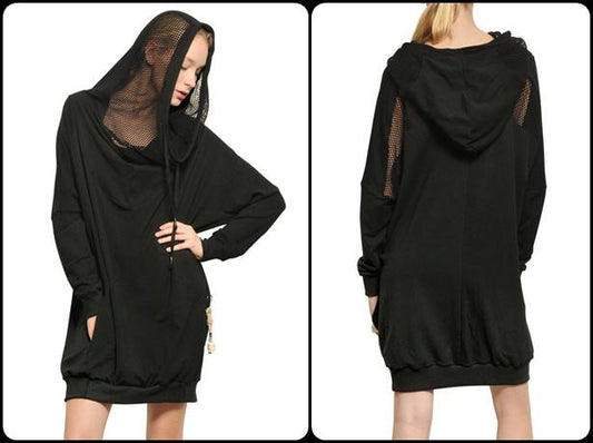 Women Hooded Mesh Long Sweatshirt / Adjustable Drawstring Hood / Oversized Hood - Ofelya Boutique