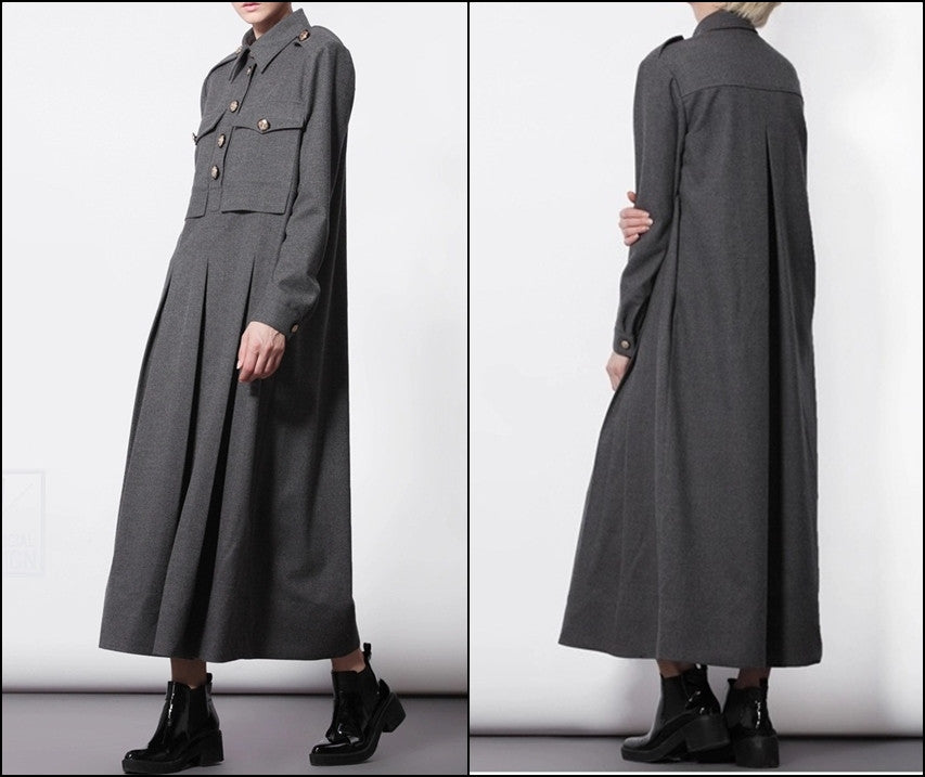 Woolblend Front Button Closure Floor Long Military Style Dress - Ofelya Boutique