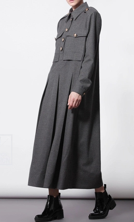 Woolblend Front Button Closure Floor Long Military Style Dress - Ofelya Boutique