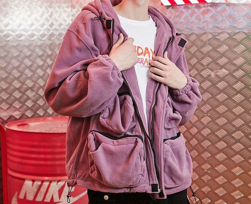 Patchwork Hooded Jackets Men Hip Hop Multi Pockets Warm Coats