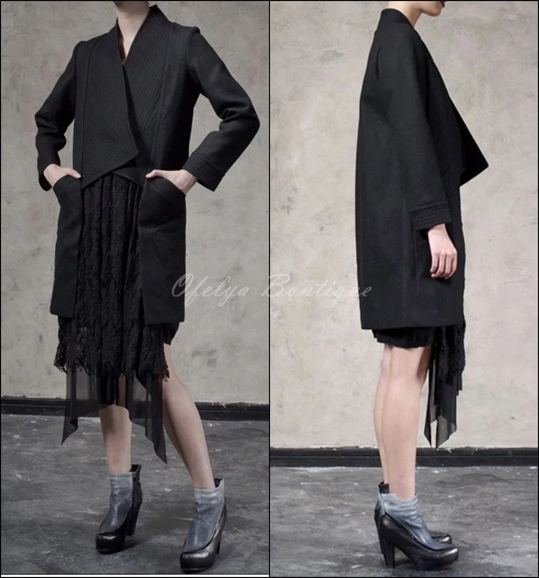 Winter Back Long Quilted Collar Red -Black Woolen Coat Jacket// Short in Front Long Back Loose - Ofelya Boutique