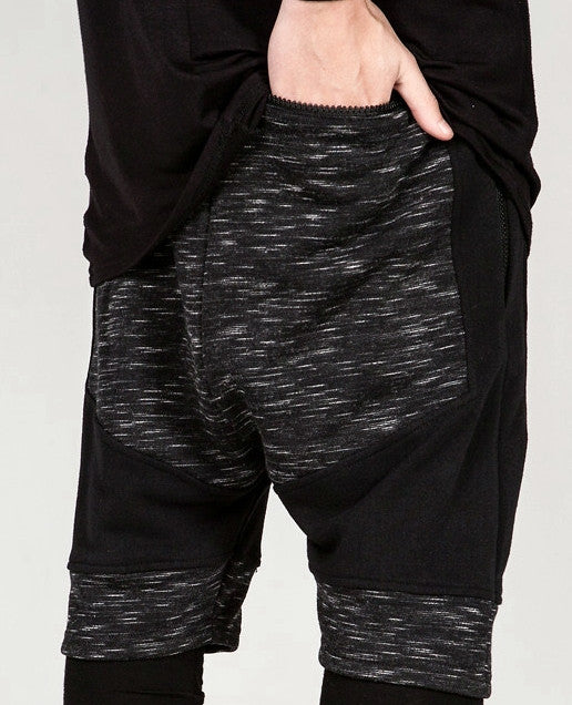 Dark Biker Black Panelling Shadow Shorts with a Drop Crotch and Tapered Leg - Ofelya Boutique