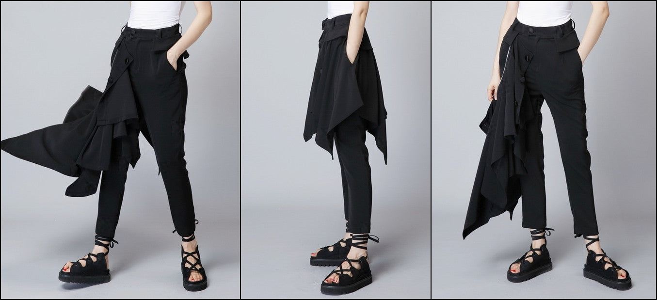 Original Design High Waist Skinny Leg Skirt Layer Crepe Pants // Asymmetrical Skirt Layer Trouser - Ofelya Boutique
